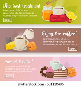 Breakfast horizontal banners set with tea and coffee vector illustration