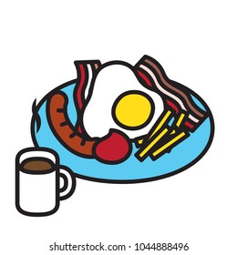 breakfast with hot chocolate, bacon, sausages, fries, fried-egg, ketchup.