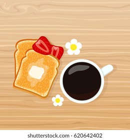 Breakfast hot coffee with crispy toasts with slices of strawberries on a wooden texture background.