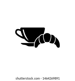 Breakfast Hot Coffee and Croissant. Flat Vector Icon illustration. Simple black symbol on white background. Breakfast Hot Coffee and Croissant sign design template for web and mobile UI element
