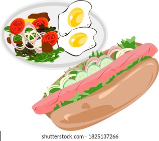 Breakfast hot dog salad fried egg Food vector illustration