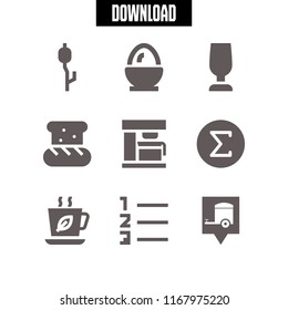 breakfast icon. 9 breakfast vector set. marshmallow, tea cup, glass and caravan location icons for web and design about breakfast theme