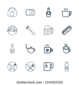 Breakfast icon. collection of 16 breakfast outline icons such as teapot, tea, tea cup, maple syrup, cup, coffee, bacon, cheese. editable breakfast icons for web and mobile.