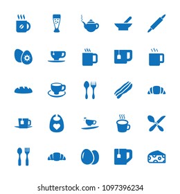 Breakfast icon. collection of 25 breakfast filled icons such as bowl, egg, cheese, baby bid, teapot, coffee, tea cup, coffee cup. editable breakfast icons for web and mobile.