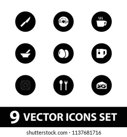 Breakfast icon. collection of 9 breakfast filled icons such as bowl, egg, cheese, fork and spoon, tea, tea cup, knife, donut. editable breakfast icons for web and mobile.