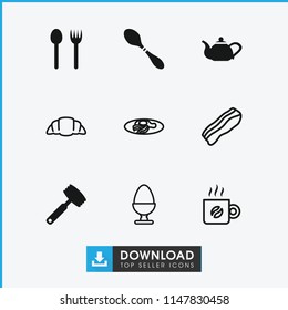 Breakfast icon. collection of 9 breakfast filled and outline icons such as knife, croissant, coffee, bacon, egg, teapot. editable breakfast icons for web and mobile.