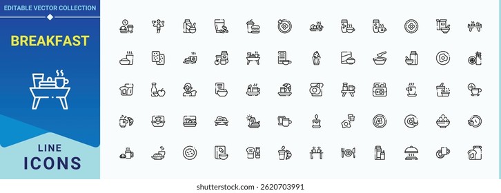 Breakfast icon collection. Includes symbols for food, tea, drink, croissant and more. First Meal simple icon set. Vector outline icons collection. Editable stroke. Pixel Perfect.