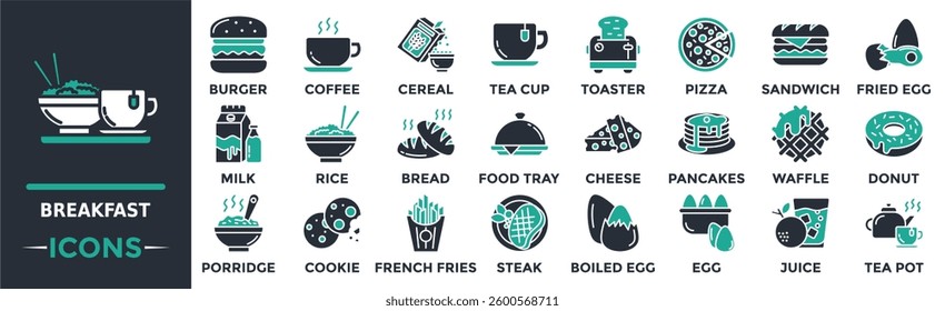 Breakfast icon collection set. Containing milk, rice, bread, food tray, breakfast, burger, coffee, cereal and more. Solid vector icons collection