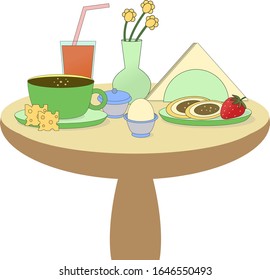 Breakfast icon with egg, coffee, strawberry, carrot juice, cookies and cheese on the table. Decorated with a vase of flowers
