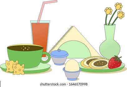 Icono del desayuno con huevo, café, fresa, zumo de zanahoria, galletas y queso. Decorado con un jarrón de flores