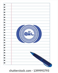 breakfast  icon emblem with pen effect. Blue ink. Vector Illustration. Detailed.
