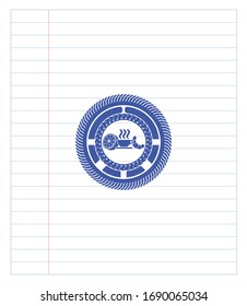breakfast  icon emblem with pen effect. Blue ink. Vector Illustration. Detailed.