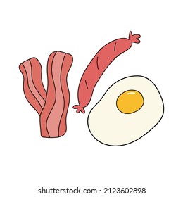 Icono del desayuno. Huevo frito, salchicha y tocino. Ilustración del vector
