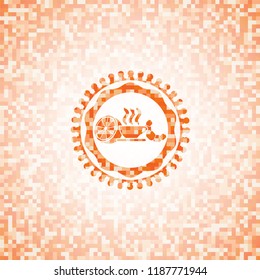 breakfast  icon inside abstract emblem, orange mosaic background