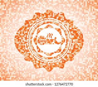 breakfast  icon inside abstract emblem, orange mosaic background