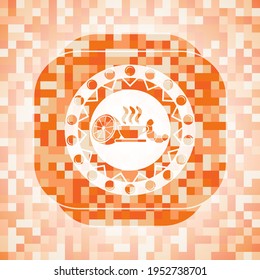 icono del desayuno dentro del emblema abstracto, fondo de mosaico naranja. 