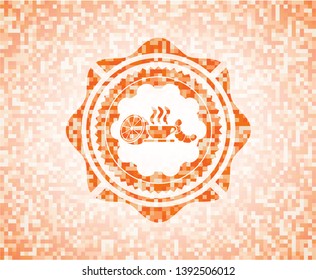 breakfast  icon inside abstract orange mosaic emblem