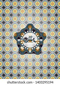 breakfast  icon inside arabesque badge background. arabic decoration.