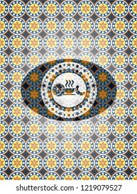 breakfast  icon inside arabesque emblem background. arabic decoration.
