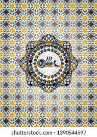 breakfast  icon inside arabic badge background. Arabesque decoration.