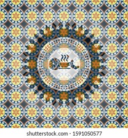 breakfast  icon inside arabic badge background. Arabesque decoration.