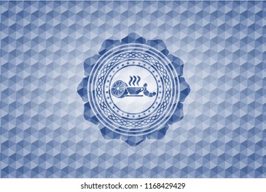breakfast  icon inside blue emblem with geometric background.