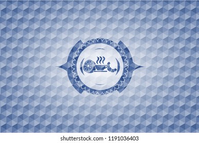 breakfast  icon inside blue emblem with geometric pattern background.