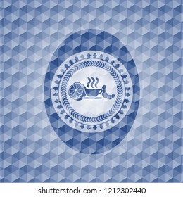 breakfast  icon inside blue emblem or badge with abstract geometric polygonal pattern background.