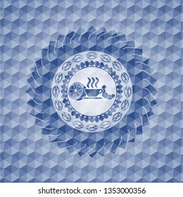 breakfast  icon inside blue emblem with geometric pattern.