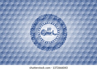 breakfast  icon inside blue emblem with geometric pattern background.