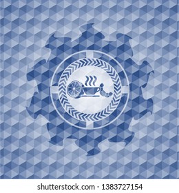 breakfast  icon inside blue emblem or badge with abstract geometric pattern background.