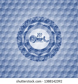 breakfast  icon inside blue emblem or badge with geometric pattern background.
