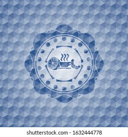 breakfast  icon inside blue emblem or badge with abstract geometric polygonal pattern background.