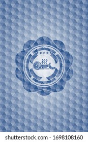 breakfast  icon inside blue emblem with geometric background.