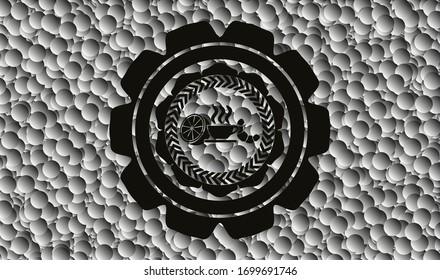 icono del desayuno dentro del emblema oscuro con fondo de burbujas grises. Ilustración vectorial. Detallado.