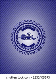 breakfast  icon inside emblem with jean background