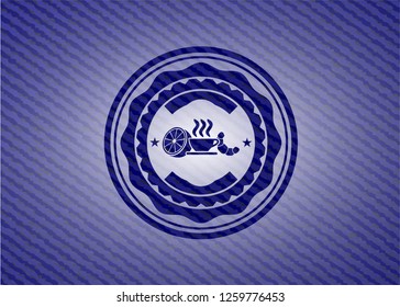 breakfast  icon inside emblem with jean background