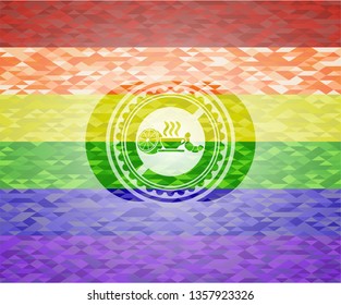 breakfast  icon inside emblem on mosaic background with the colors of the LGBT flag