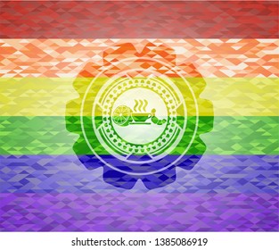 breakfast  icon inside emblem on mosaic background with the colors of the LGBT flag