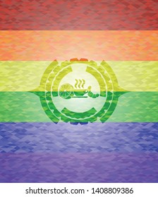 breakfast  icon inside emblem on mosaic background with the colors of the LGBT flag