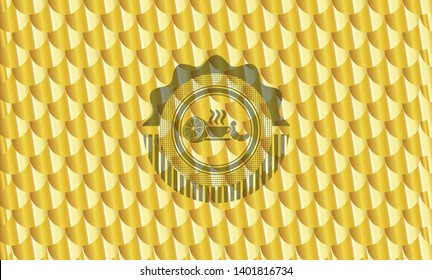 breakfast  icon inside gold badge or emblem. Scales pattern. Vector Illustration. Detailed.