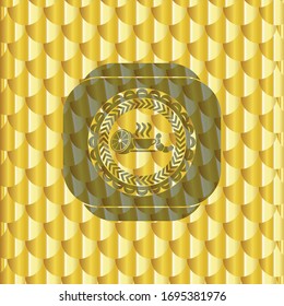 breakfast  icon inside gold badge or emblem. Scales pattern. Vector Illustration. Detailed.
