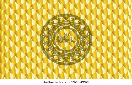 breakfast  icon inside gold shiny badge. Scales pattern. Vector Illustration. Detailed.