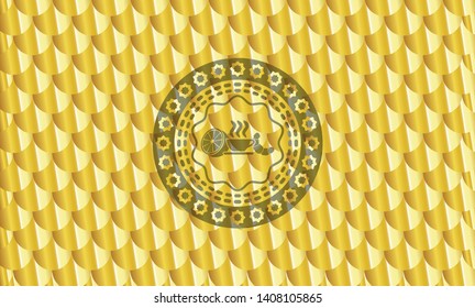 breakfast  icon inside gold shiny badge. Scales pattern. Vector Illustration. Detailed.