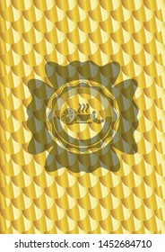 breakfast  icon inside gold shiny emblem. Scales pattern. Vector Illustration. Detailed.