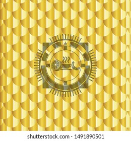 breakfast  icon inside gold shiny emblem. Scales pattern. Vector Illustration. Detailed.