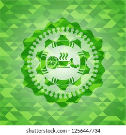 breakfast  icon inside green emblem. Mosaic background