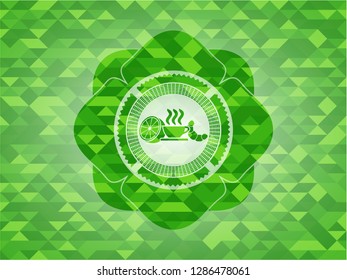breakfast  icon inside green emblem. Mosaic background