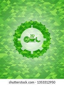 breakfast  icon inside green emblem with mosaic ecological style background