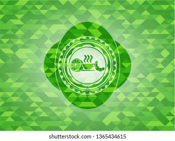 breakfast  icon inside green emblem with mosaic background
